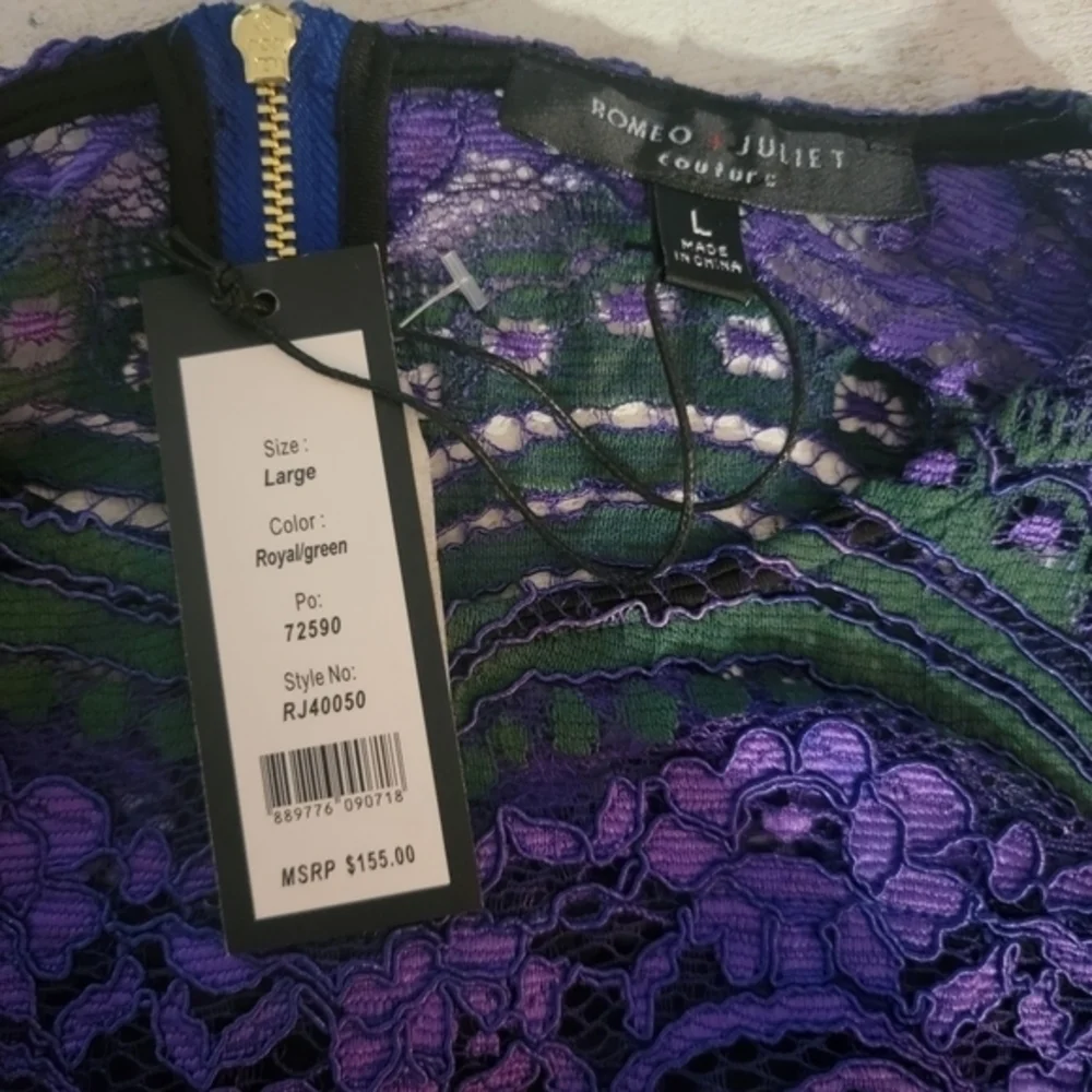 Romeo and Juliet Couture lace purple green top blouse sz large NWT gold zip back